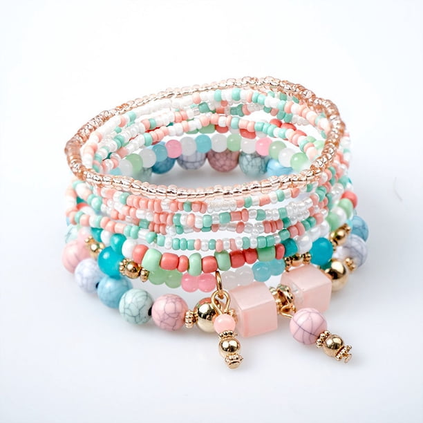 Nvzi Pulseras de cuentas apilables bohemias, juego de pulseras multicapa con dijes colgantes, brazaletes elásticos, multicolor