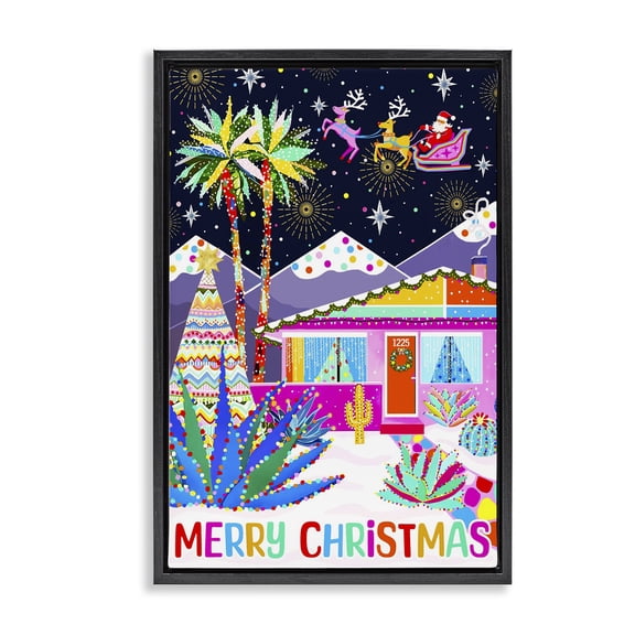 Stupell Industries Eclectic Whimsical Desert Christmas Black Floating Frame Canvas Art, 17 x 25, by Jess Stempel