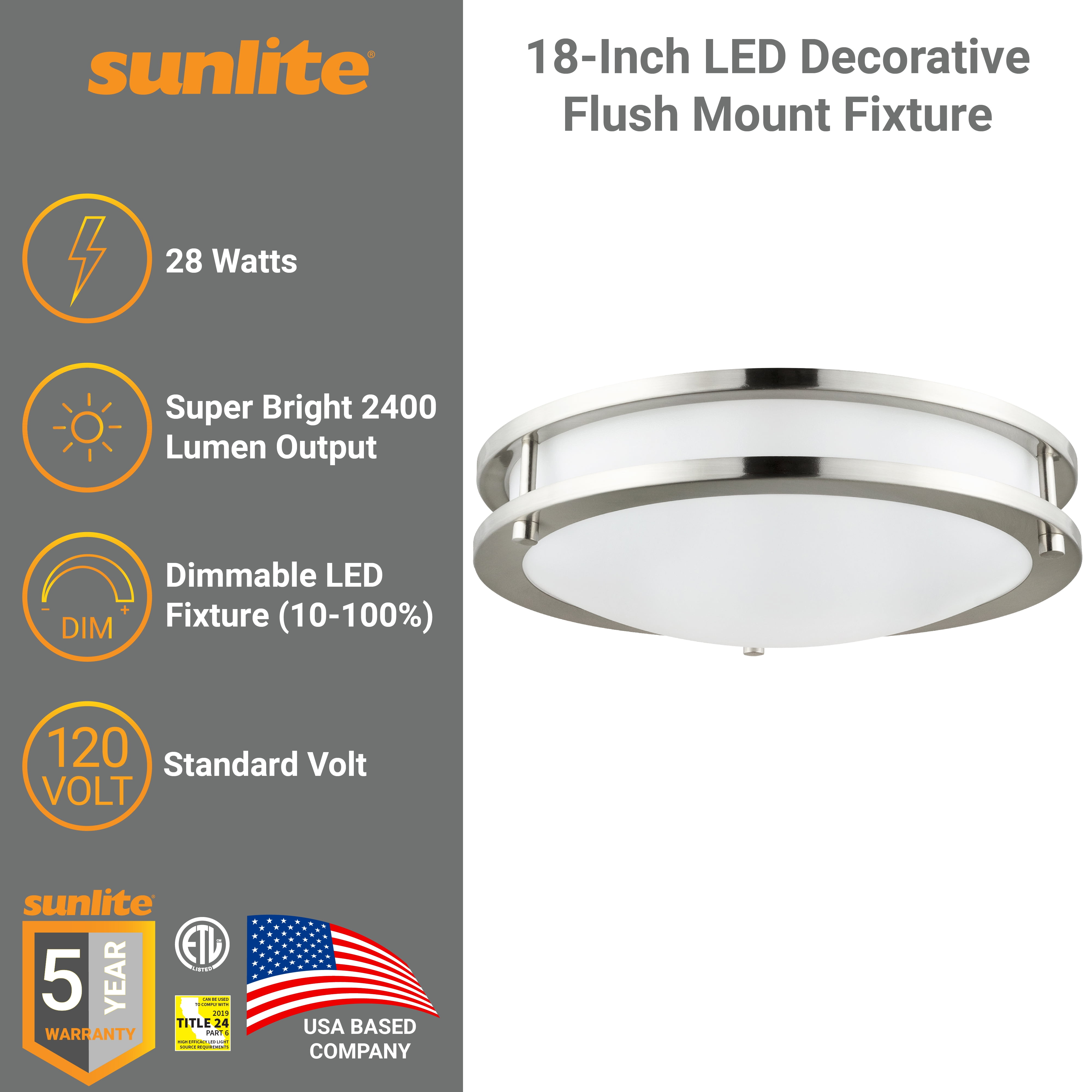 Sunlite 18” LED Decorative Flush Mount Ceiling Light Fixture, 28 Watts, 2400 Lmns, Color Selectable 27K/30K/35K/40K/50K, Dimmable, 90 CRI, 120 Volts, ETL Listed, Title-24 Compliant