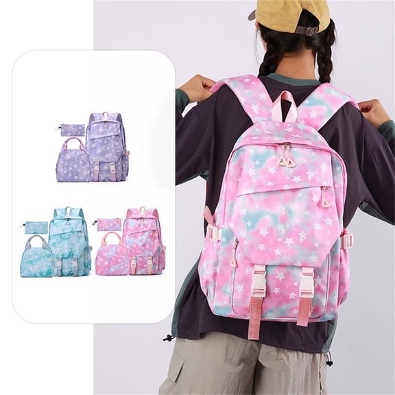 3Pcs Star Print Backpack Set Preppy Lightweight Casual Bookbag with Lunch Box & Pouch