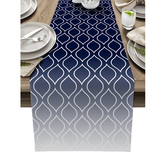 Table Runner Dresser Scarf 13 x 70 Inch Navy Blue White Ombre Geometric Trellis Morrocan Table Runners Non-Slip Heat Kitchen Dining Table Decor for Indoor Outdoor Home Party Decoration