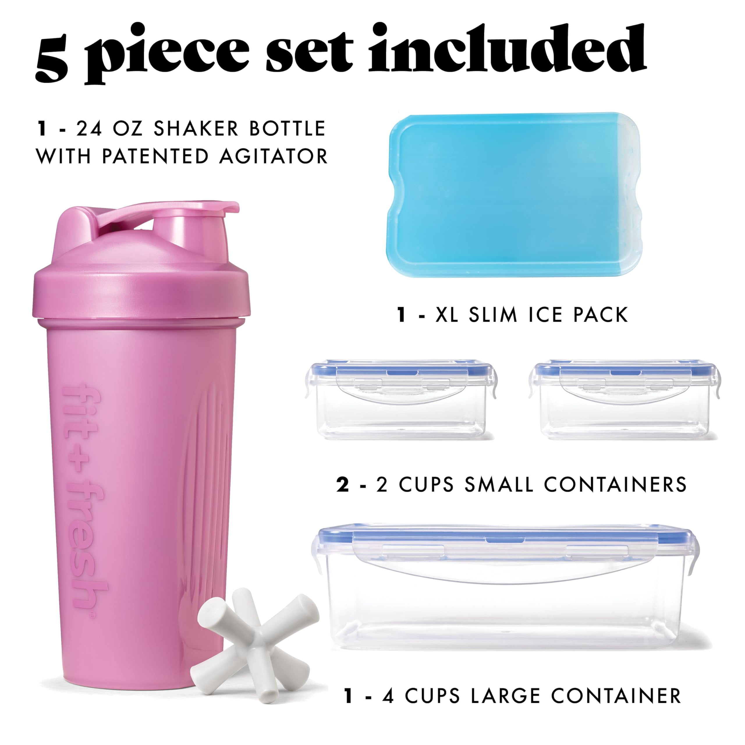 Fit + Fresh 6 pc Meal Prep Lunch Box With Containers, Ice Pack, and Shaker Bottle For Adults, Pink