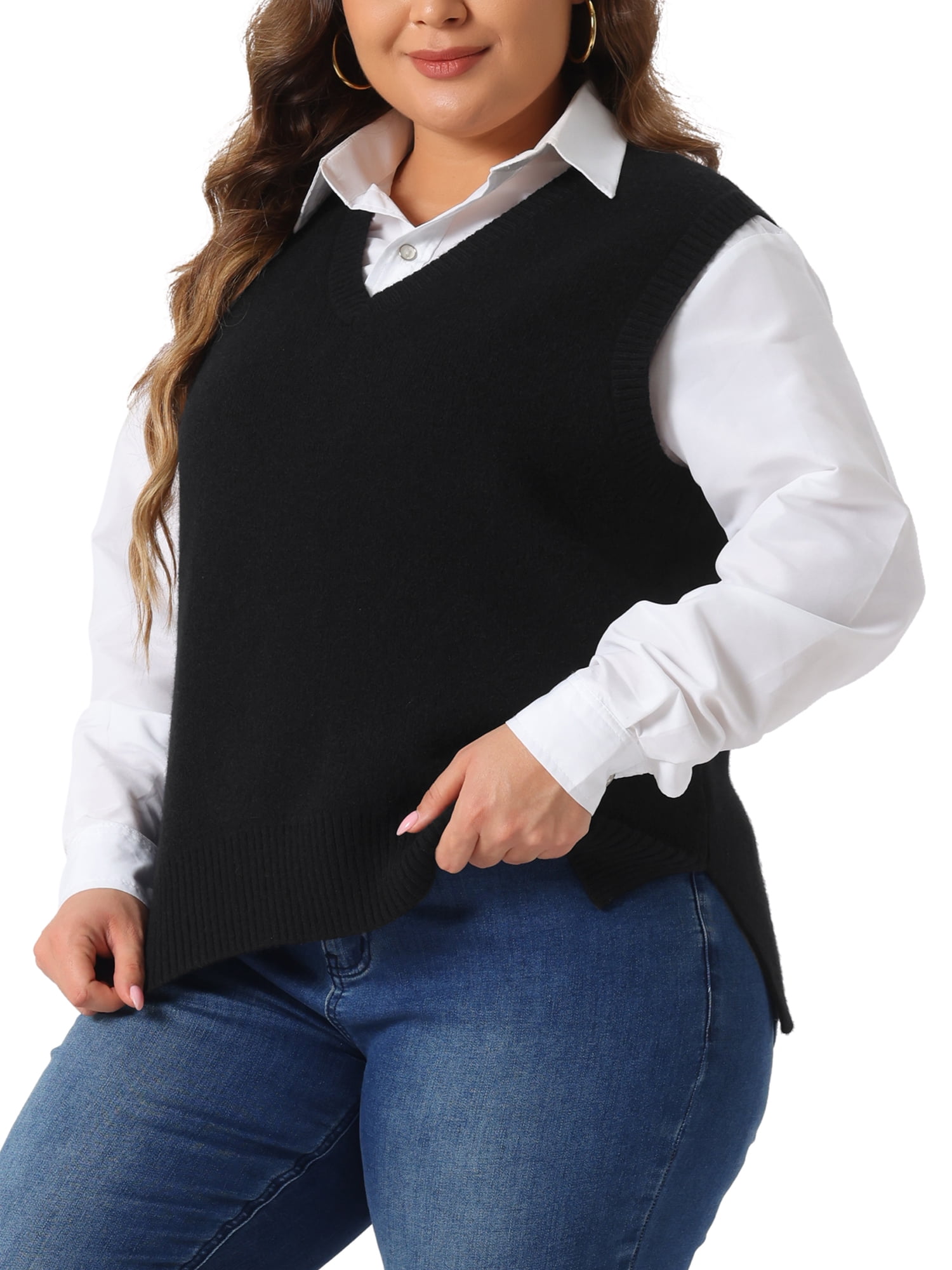 DARING DIVA Women's Plus Size V Neck Knit Sweater Vest 1X Black