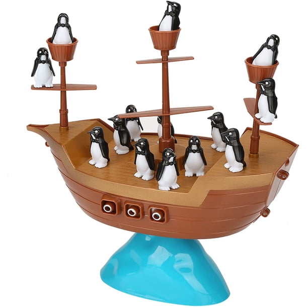Emocionante juego de equilibrio con un barco pirata. ¡No dejes que los pingüinos se caigan al fondo! Bloques de construcción apilables. Juego de mesa Montessori para niños pequeños.