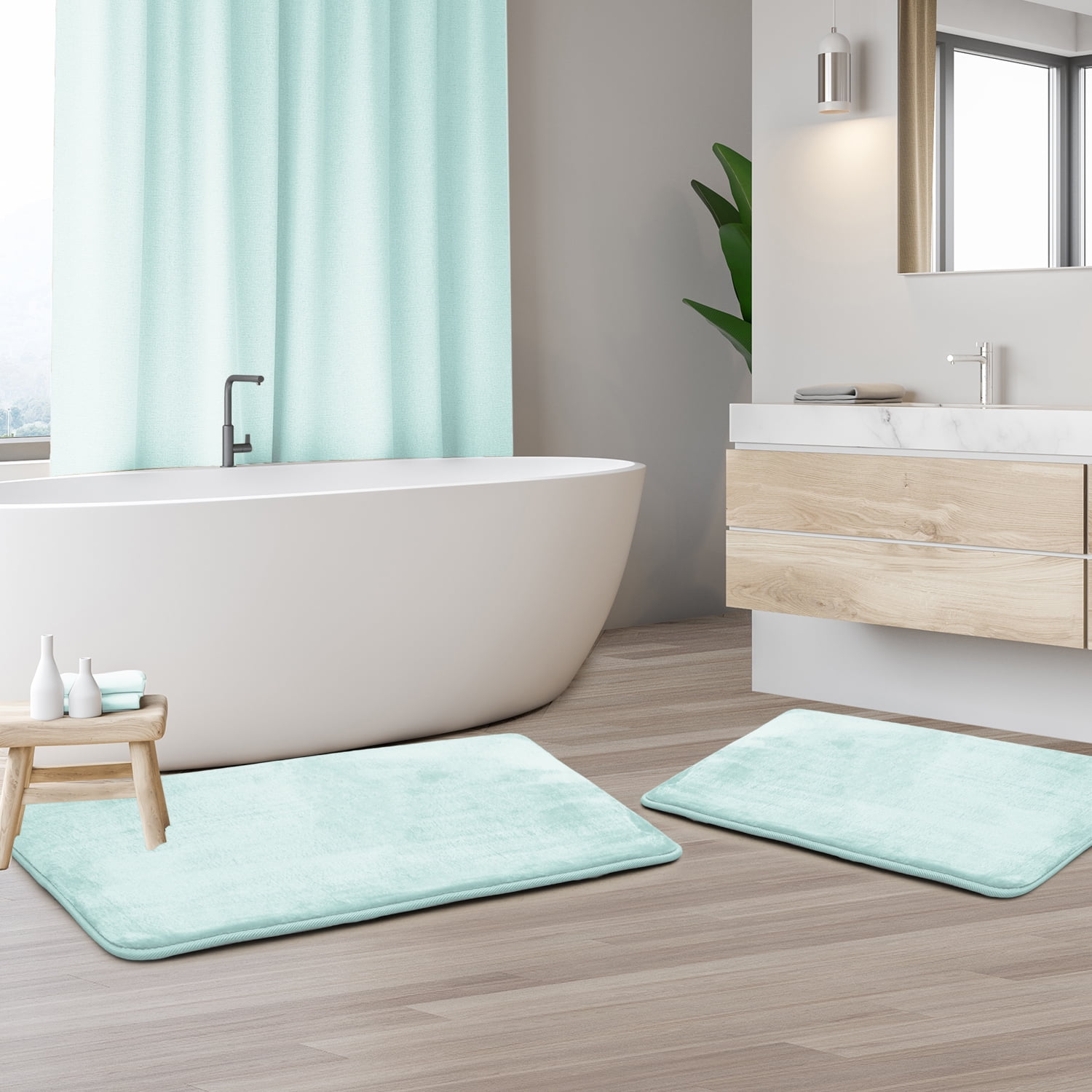 Nestl Set of 2 Absorbent Memory Foam Bath Mat Set Bathroom Rugs, Aqua, Large Size 20"x32" Small Size 17”x24”