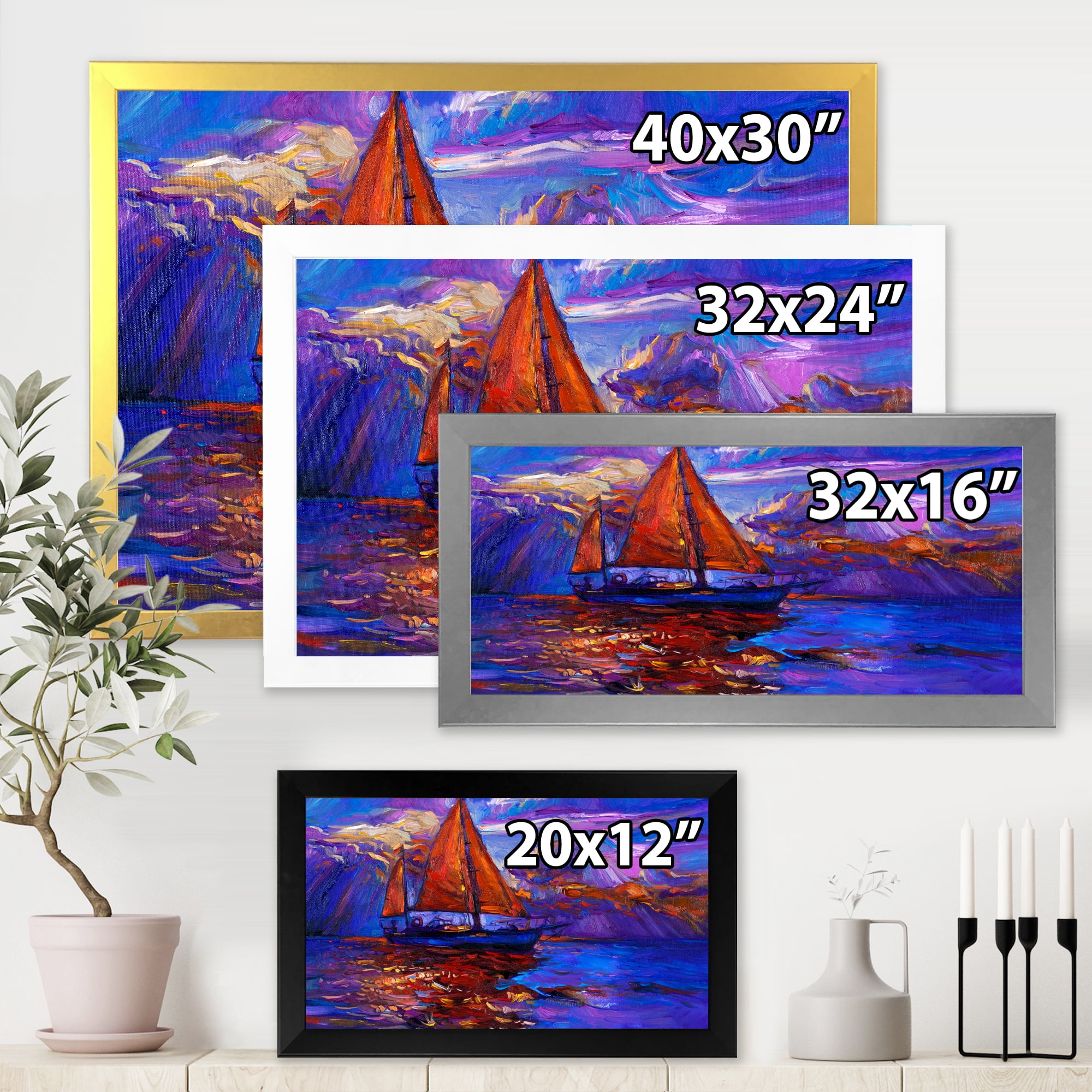 Designart 'Red Sail Ship On Purple Sunset in Blue Ocean' Nautical & Coastal Framed Art Print