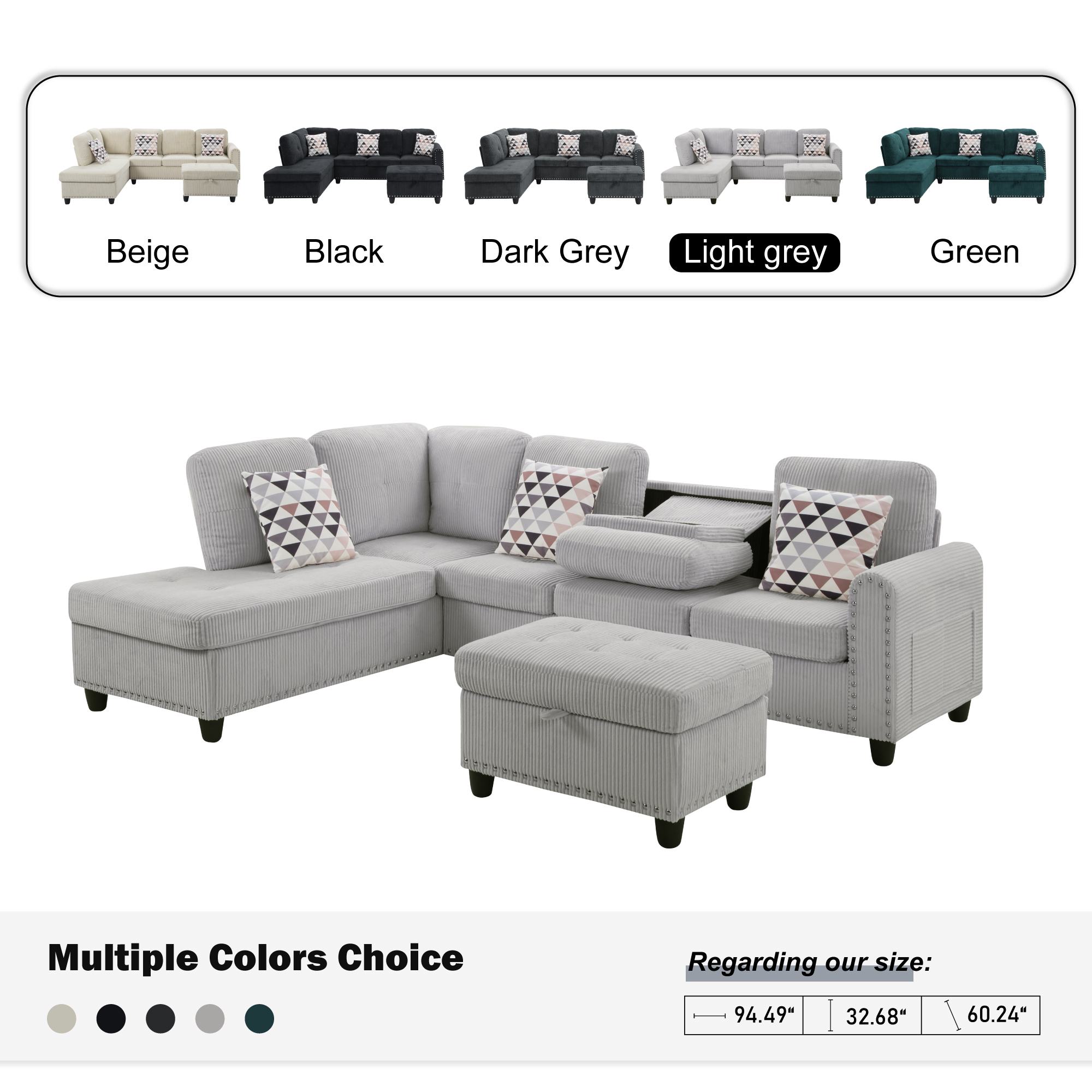AENKYO 95″ L-Shaped Corduroy Modular Sectional Sofa with Ottoman & Cup Holders – Living Room Couch for Apartments，Light Gray