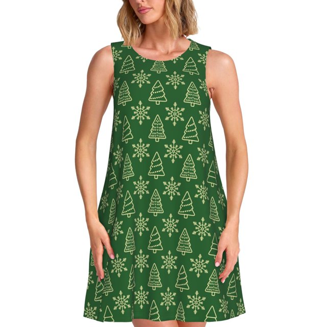 Fotbe Christmas (2) Vestido de Verano sin Mangas para Mujer – Vestido Midi Línea A, Estilo Camiseta Floral, Vestido Playero Casual y Fluido