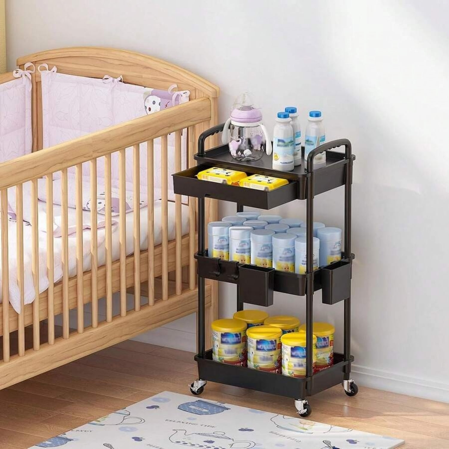 NTGFU 3 Tier Rolling Storage Cart with Drawers,Room Decor,Bathroom Decor,Rolling Utility Cart Rolling Storage Organizer Tool for Kitchen,Bathroom,Living Room,Office Outdoor Decor - Black
