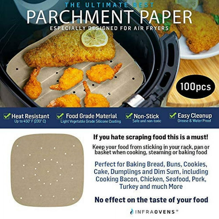 M Buder Air Fryer Disposable Paper Liners, 100pcs Non-Stick Air Fryer Parchment Liner, Oil Resistant, Waterproof, Food Grade Baking Paper for 5-8 qt