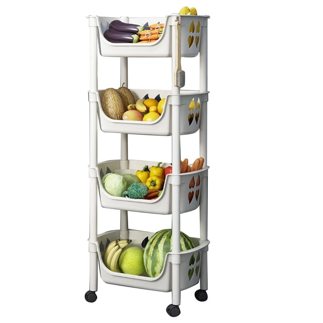 Kitchen Storage Shelf with Wheels, 4 Tier Bathroom Cart Shelving Unit for Toy Snack Fruit Vegetable