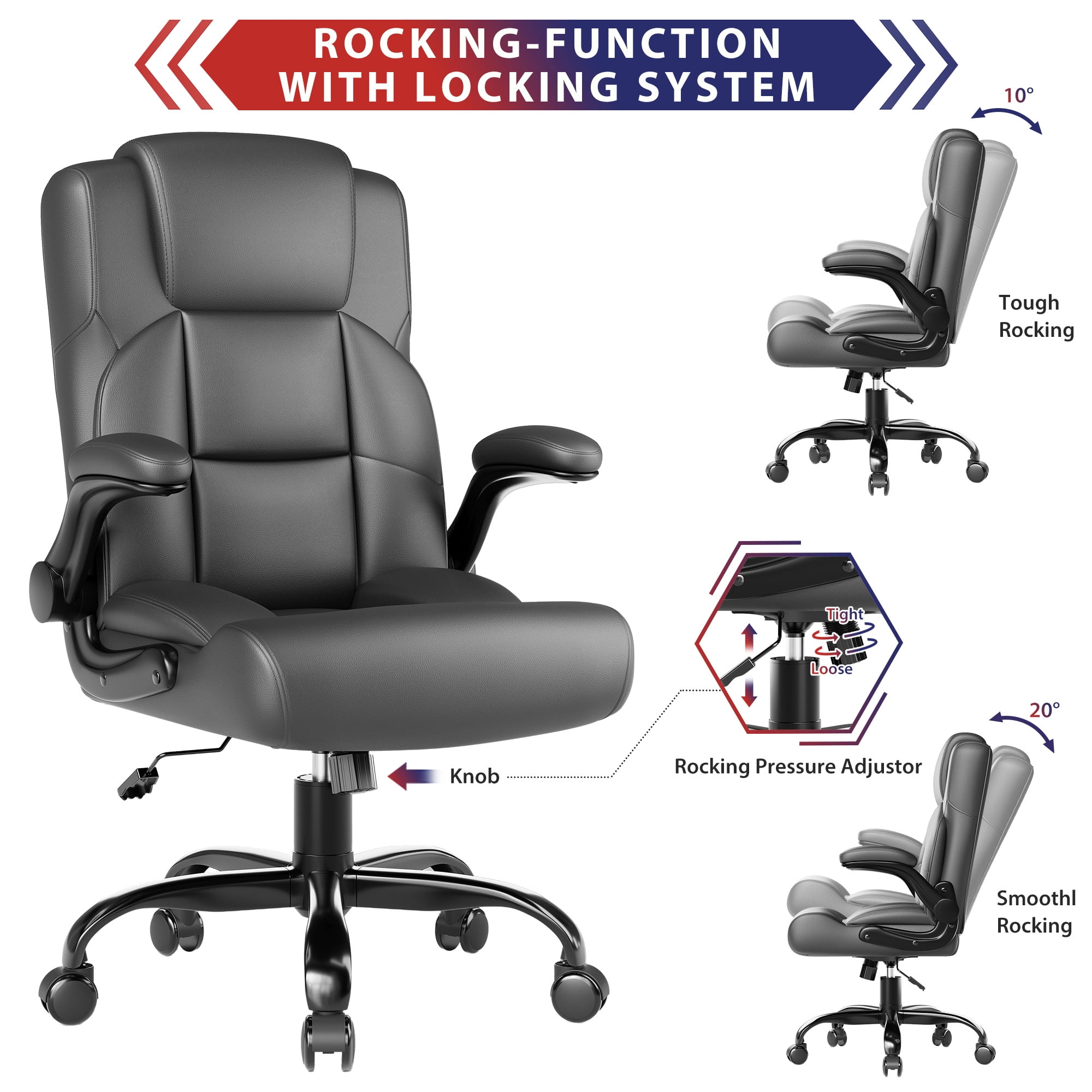 JONPONY Leather Office Chair, Big and Tall Office Chair 400LBS Wide Seat Ergonomic Computer Desk Chair High Back Executive Leather Chair Adjustable Task Chair Lumbar Back with 1-Year Warranty, Grey