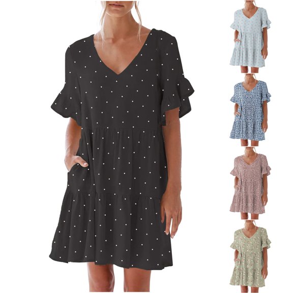 FRSASU Women's Summer Dresses Beach Casual Loose Tshirt Floral Short Sleeve Flowy Pockets Sundresses Pink