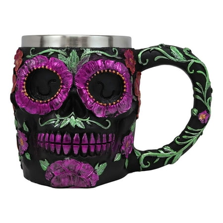 Novelty Drinking Cups Ebros Gothic Black Red Pink Green Day of The Dead Sugar Skull Mug 12 Oz Art Skulls Silhouette In Bright Floral Colors Drink Safe Novelty Coffee Cup As Halloween Haunted Theme Party Decor Ice Breaker ()
