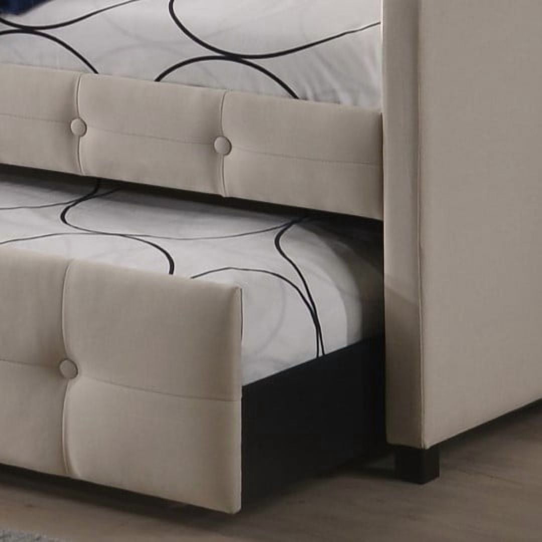 Home Design Fulham Twin Daybed with Upholstered Frame and Roll-Out Trundle, Button-Tufted Back, Track Arms, Elegant Modern Design, Beige