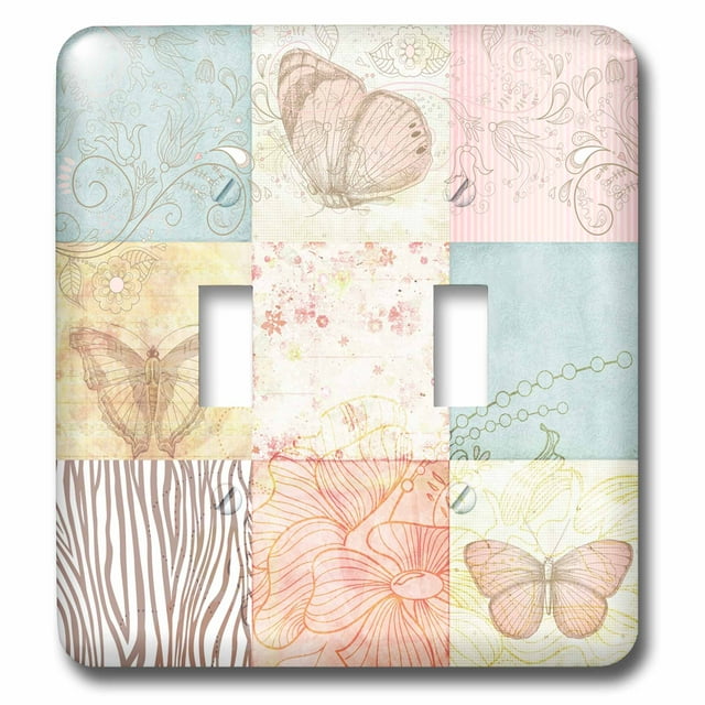 3dRose Pretty Collage with Flowers and Butterflies in Pink and Blue - Double Toggle Switch (lsp_79387_2)