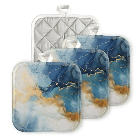 

Bahomeck Pot Holder 4Pcs Watercolor Painting With Gold Lines In Shades Of Blue And White Square Heat Resistant Hot Pads For Kitchen Cooking Oven With Hanging Loop Potholder Easy To Store