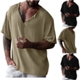 thumbnail image 7 of Lovskoo Shirts for Men V Neck Short Sleeve Trendy Casual Solid Color Blouses Shirts Vacation Beach Summer Tops Khaki, 7 of 7