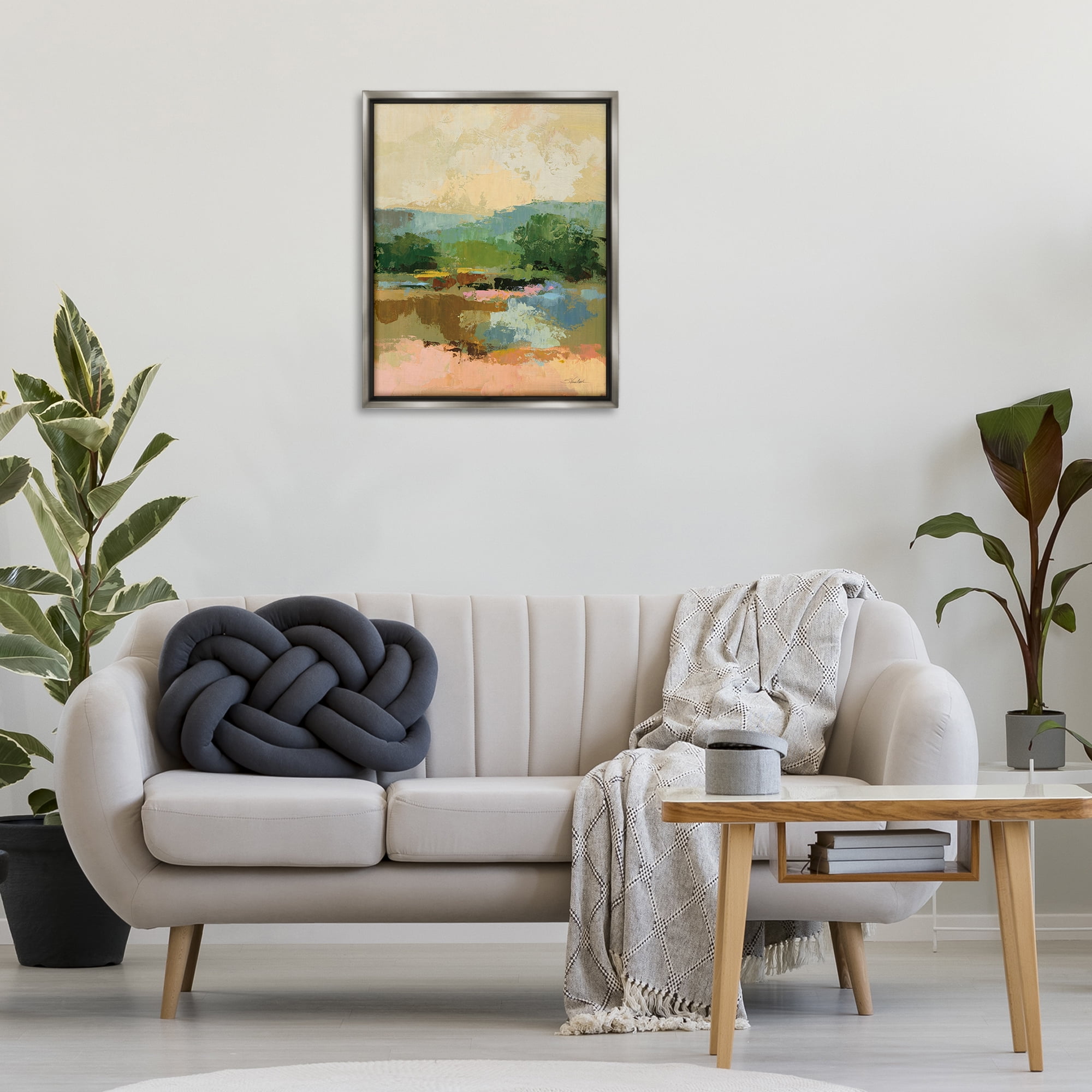 Stupell Industries Across The River View Landscape Painting Gray Floater Framed Art Print Wall Art, 25 x 31