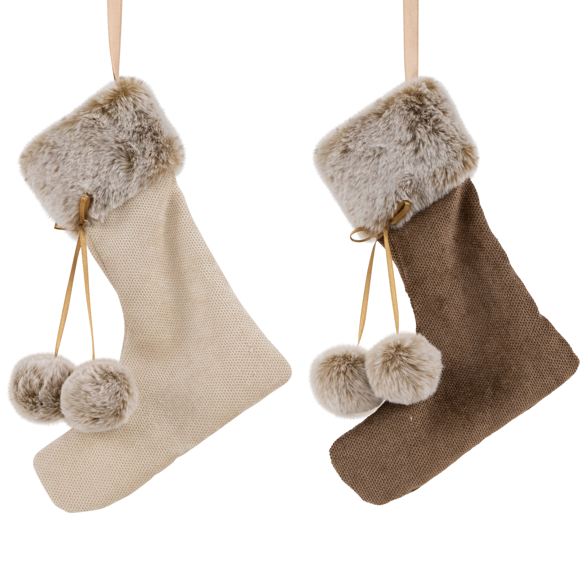 Northlight Plush Stockings Christmas Ornaments -  7.5" - Beige and Brown - Set of 2