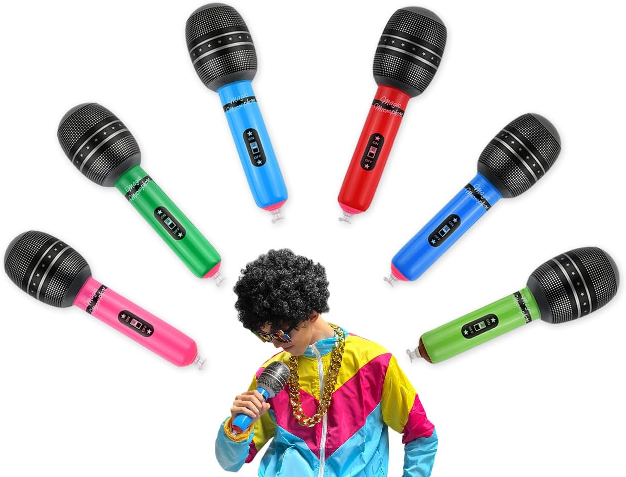 Unique style inflatable microphone, 6-pack, 10-inch blow-up microphone, 80s 90s party trinket, photo prop, random colors