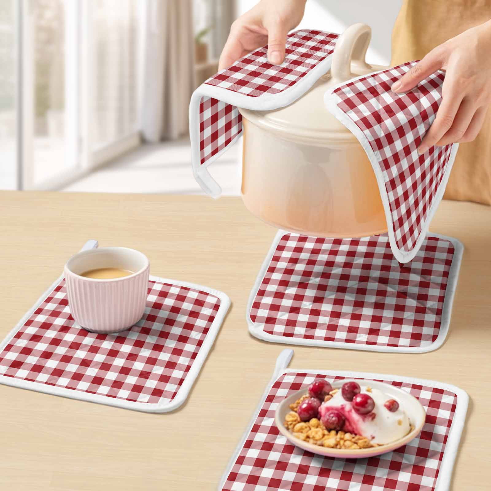 Farmhouse Red Plaid Pot Holders for Kitchen Heatproof Potholder, 3 Pack Rustic Red White Checkered Hot Pads Multipurpose Oven Pads Cloth Potholders Trivet for Cooking Baking