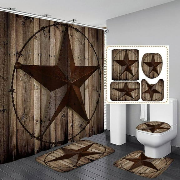 4PCS/Set Vintage Brown Western Texas Star Shower Curtain set, Primitive Star Red Beige Buffalo Plaid Rustic Country Farmhouse Bathroom Decor, Non-slip Bath Rugs Toilet Mats, Berry Garland