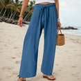 thumbnail image 2 of vigerkar Women's Cotton Linen Drawstring Wide Leg Pants High Waisted Casual Loose Trousers Straight Pants with Pockets Blue, XL, 2 of 6