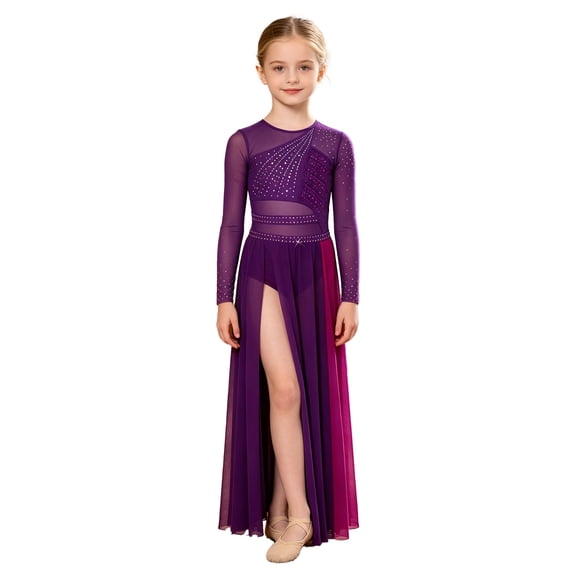 Miutii Kids Girls Lyrical Dance Dress Rhinestone color Block Leotard with Sheer Mesh Split Skirt Dance Clothes Purple 12