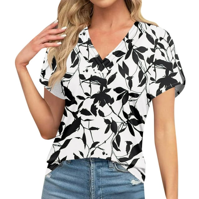 T-shirts à Manches Courtes pour Femmes T-Shirt Ample à Col en V à Imprimé Floral à Manches Courtes pour Femmes