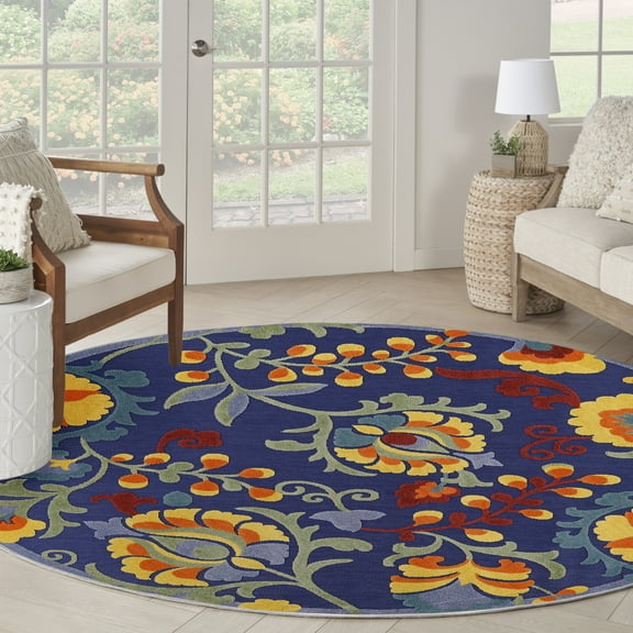 Nourison Aloha Indoor/Outdoor Navy Multicolor 7’10” x Round Area Rug (8 Round)
