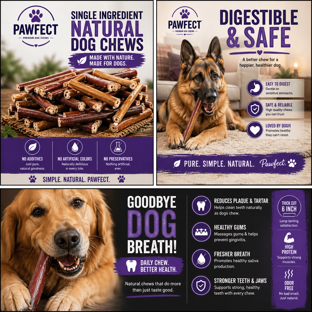 PAWFECT Bed Company and Pet Supply™ 6 Inch Bully Sticks for Dogs | Thick Cut | Single Ingredient Beef | Odor Reduced 6 pack jumbo cut low oder