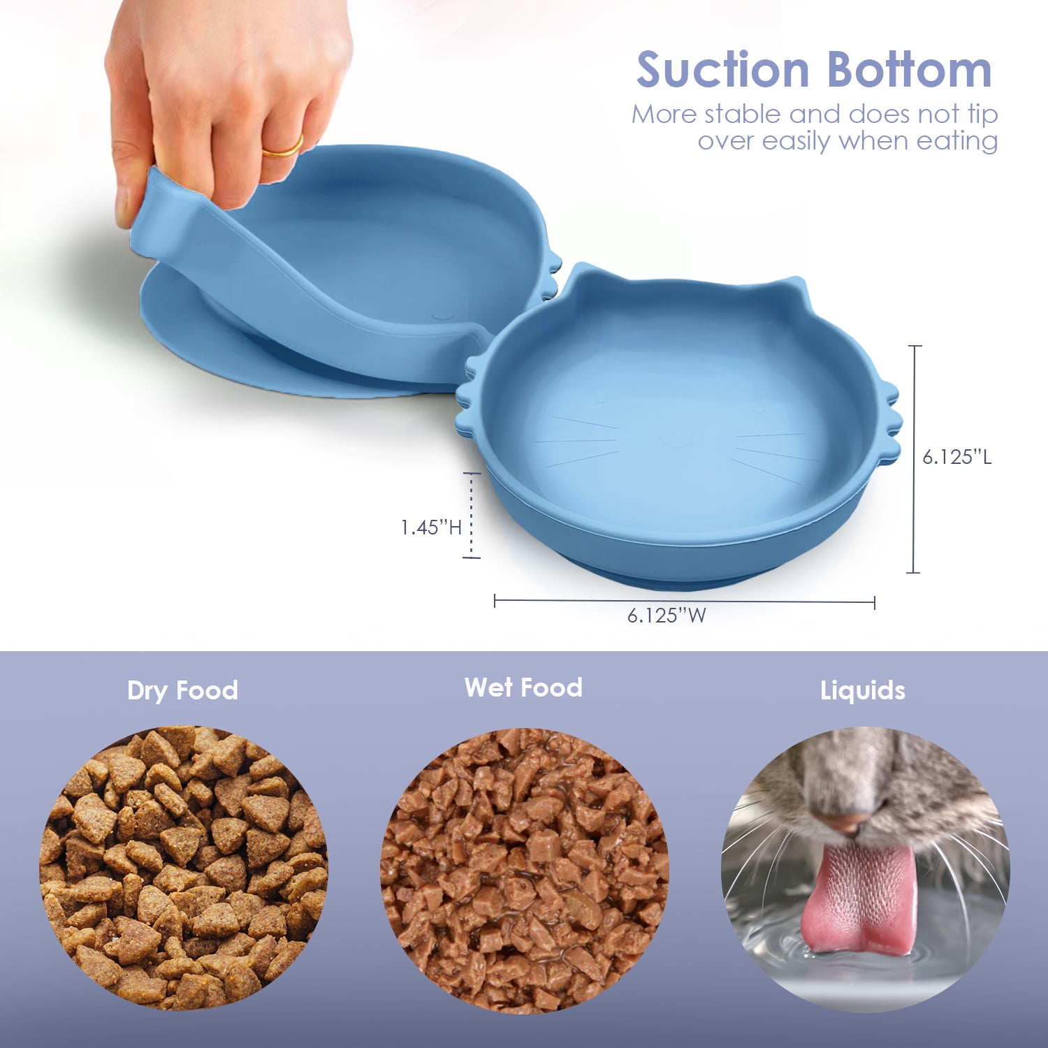 P.T. Supply Co. Blue Cat Shaped Silicone Pet Bowl with Non-Slip Suction Base