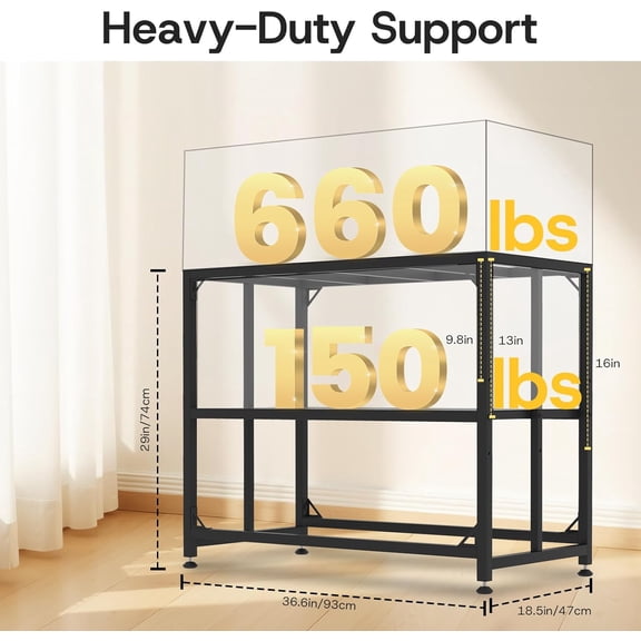 Fish Tank Stand, 40 Gallon Heavy Duty Metal Aquarium Stands, Reptile Tank, Turtle Tank, Breeder Tank Stand, 660LBS Capacity Terrarium Stand Rack with 2-Tier Storage Shelves (Black, 36.5"x18.5"x29.5")