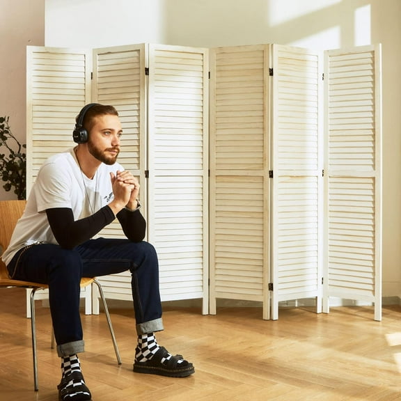 Room Dividers and Folding Privacy Screens, Wood Louvered Separators Divider Wall for Home Office Bedroom - 6 Panels, 67 * 90inch (White-Washed)