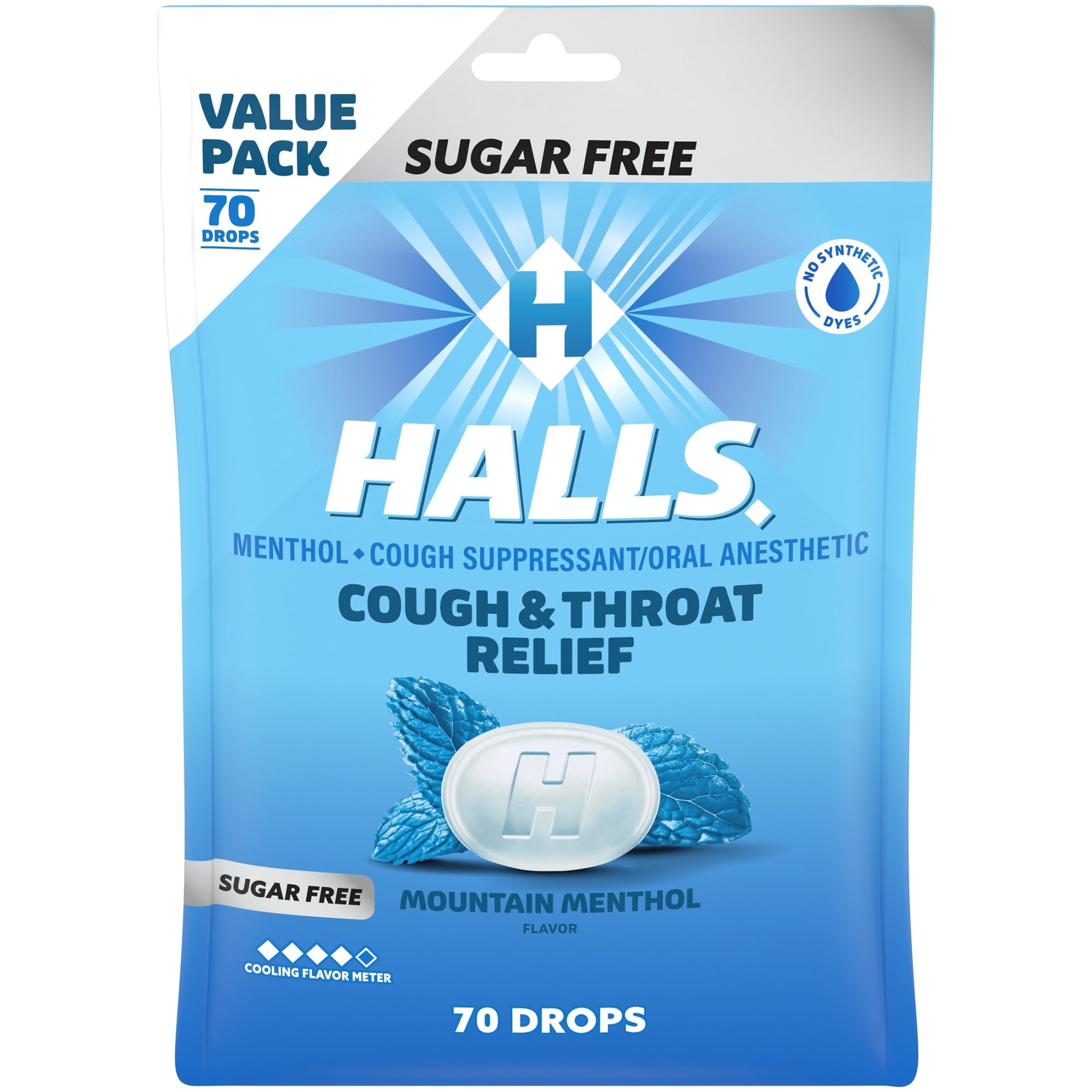 HALLS Cough and Throat Relief Mountain Menthol Sugar Free Cough Drops, Value Pack, 70 Drops