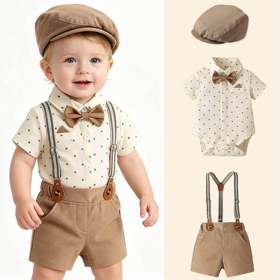 VOUZZA Toddler Boys Gentleman Outfit Polka Dot Romper and Suspenders Shorts with Hat 3-Piece Formal Suit 3-24M