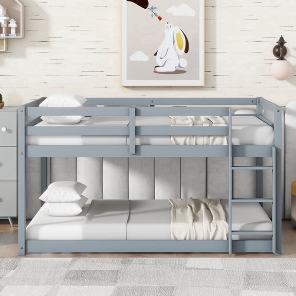 Unbranded Wooden Twin over Twin Floor Bunk Bed with Ladder and Slats Gray