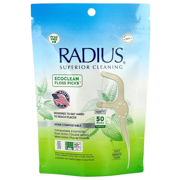 RADIUS EcoClean Floss Picksâ„¢, Minty Peppermint, 50 Compostable Floss Picks