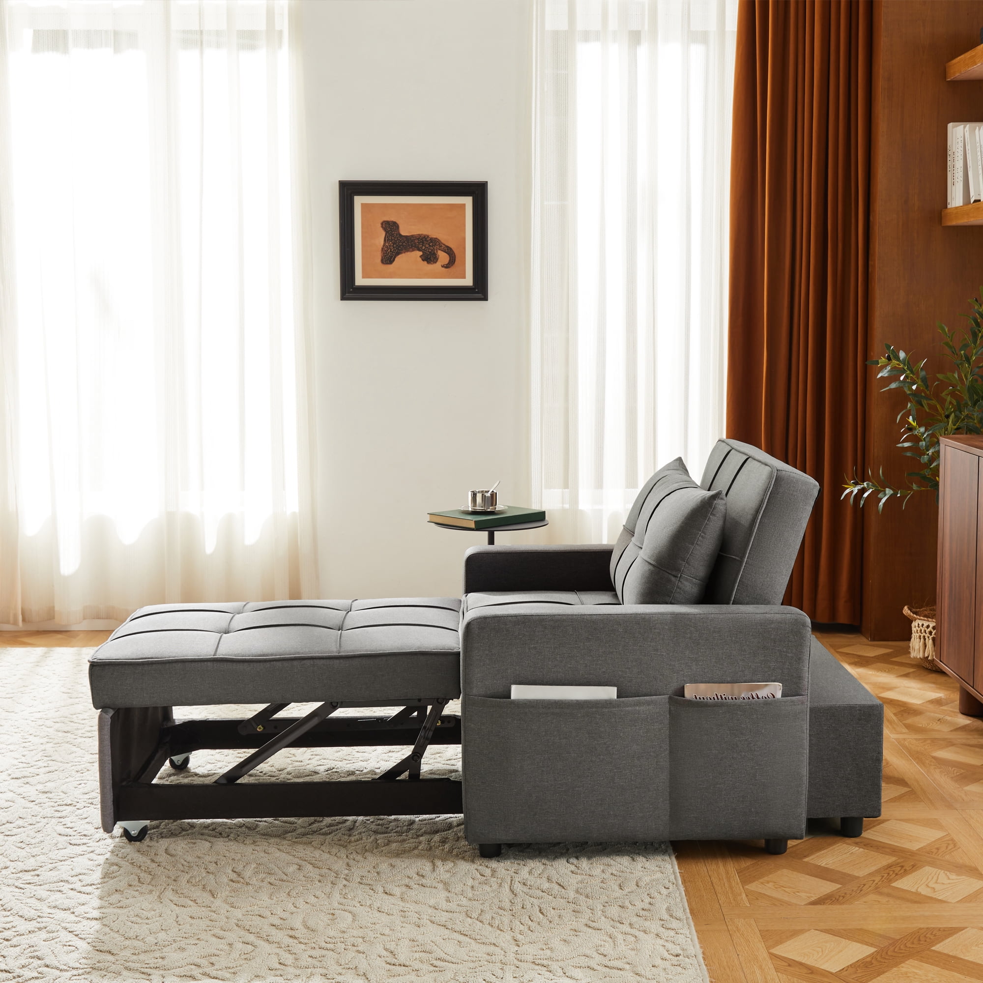 Gewnee 3‑In‑1 Folding Sofa Bed Chair, Convertible Sofa Bed and Office Chair, Adjustable Backrest Leisure Chair With Wheels & Handles & Side Pockets, Fit For Small Spaces, Dark Grey