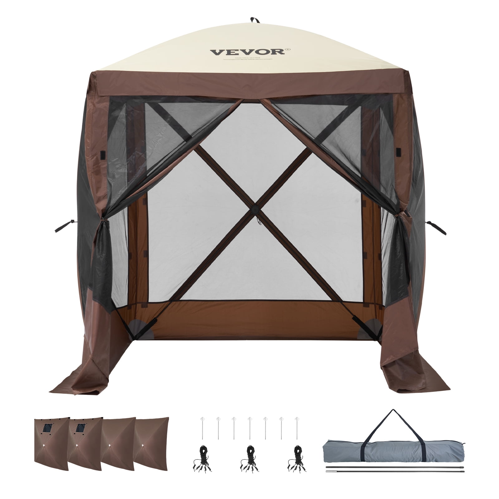 VEVOR Pop up Gazebo Tent, Pop-Up Screen Tent 4 Sided Canopy Sun Shelter with 4 Removable Privacy Wind Cloths & Mesh Windows, 6x6FT Quick Set Screen Tent with Mosquito Netting, Brown