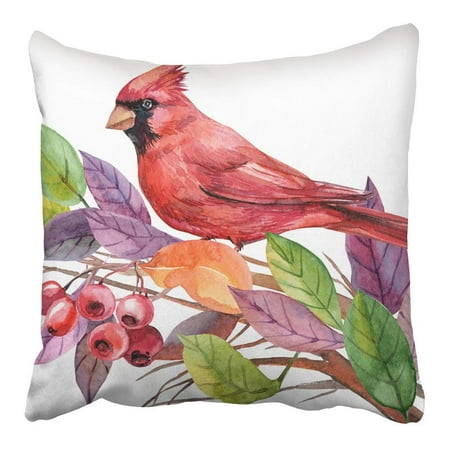 ARHOME Colorful Bird Red Cardinal Berries Colored Leaves Watercolor Green Hand Autumn Pillowcase Cushion Cover 16x16