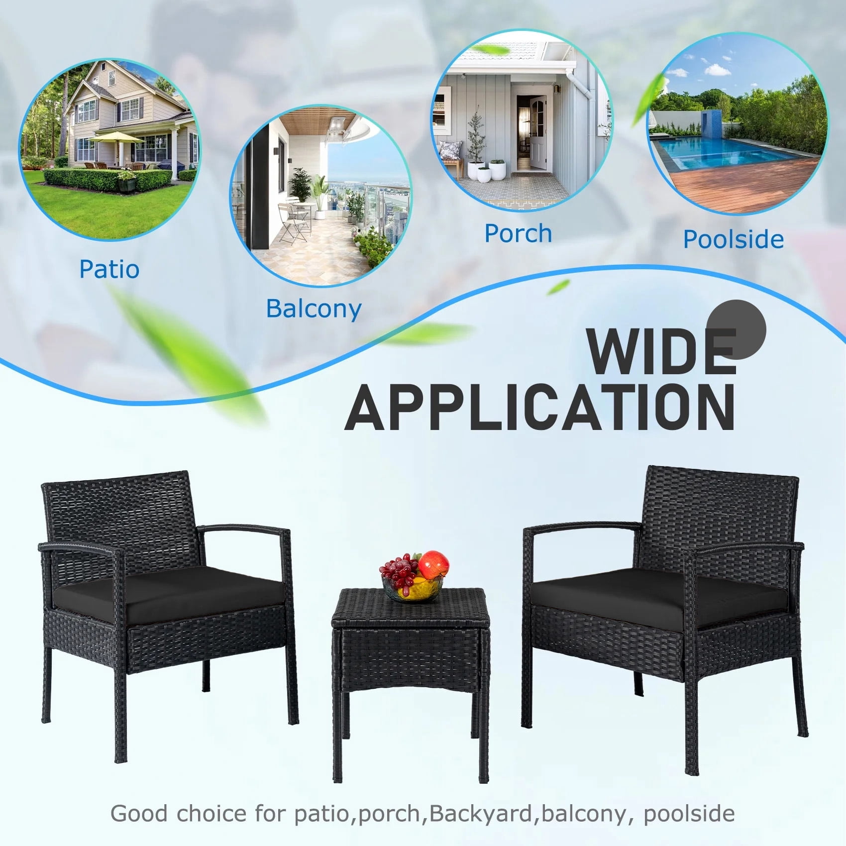Tappio Outdoor Furniture 3 Piece Patio Bistro Furniture Set, Rattan Conversation Chairs Set with Side Table and Cushions, Patio Furniture Sets for Balcony Garden Porch, Black