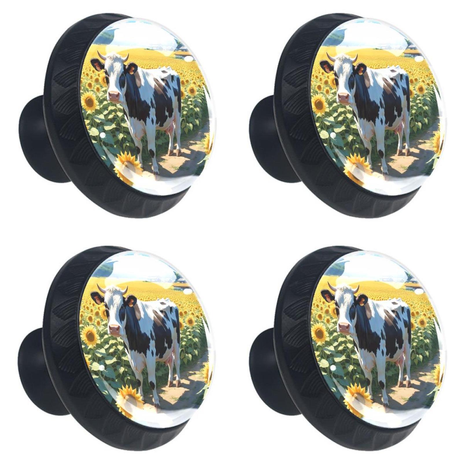 4 Pcs Cow and Sunflower Knobs for Kitchen Cabinet Cupboard Dresser Bookcase Drawer Pulls Handles Round Home Decor