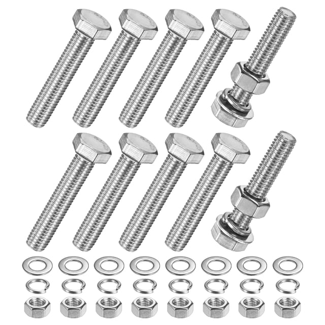 Uxcell Paquete de 10 Tornillos de Cabeza Hexagonal con Tuercas, Arandelas Planas y de Bloqueo M10x55mm