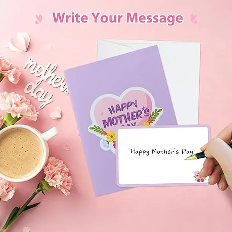 3D Pop-Up Mother’s Day Card, Handmade Red Carnations & Daisies Greeting Card with Pearlescent Envelope & Blank Insert
