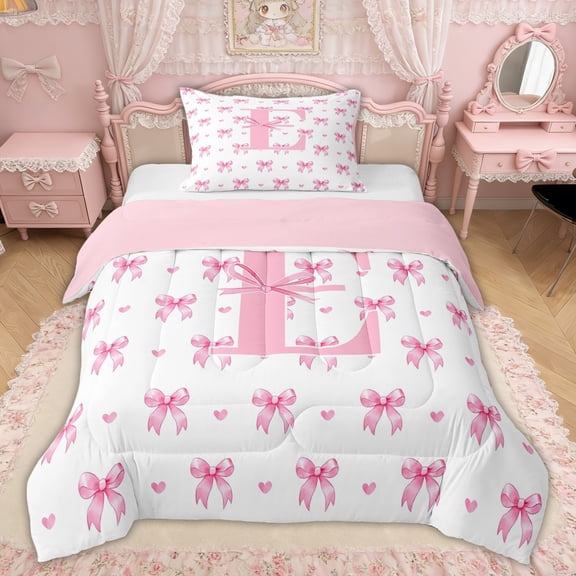 Erosebridal Ribbon Initial E Letter Twin Comforter Sets, Cartoon Love Heart Bedding Set for Girls, Pink Reversible, 2 Pieces