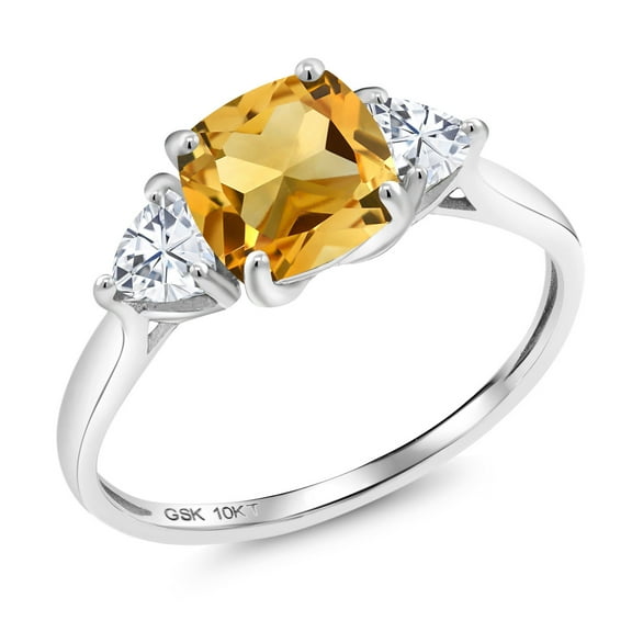 Gem Stone King 10K White Gold Yellow Citrine and White Moissanite 3-Stone Engagement Ring for Women (1.86 Cttw, 7MM Cushion and 4MM Trillion, Size 9)
