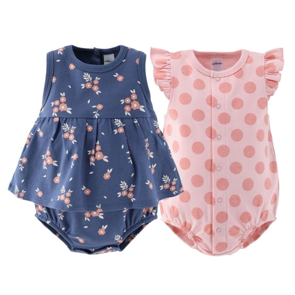 The Peanutshell Baby Rompers Set, Baby Girl Rompers for Newborns, Navy Floral Design, 2-Pack