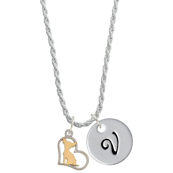 Delight Jewelry Two-tone Chihuahua Silhouette Heart Silvertone Script Initial Disc - V - Charm Necklace, 20" 3"